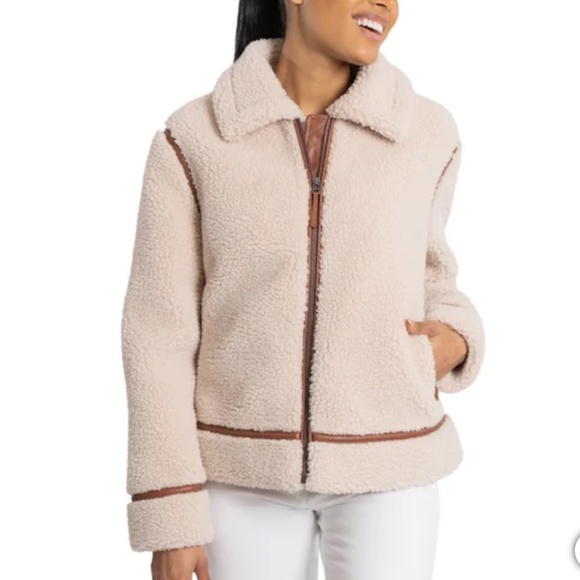 Final Markdown🎈 Bearpaw Ladies Moto Shearling Jacket Faux Leather Trim Cream Lg - Picture 1 of 6